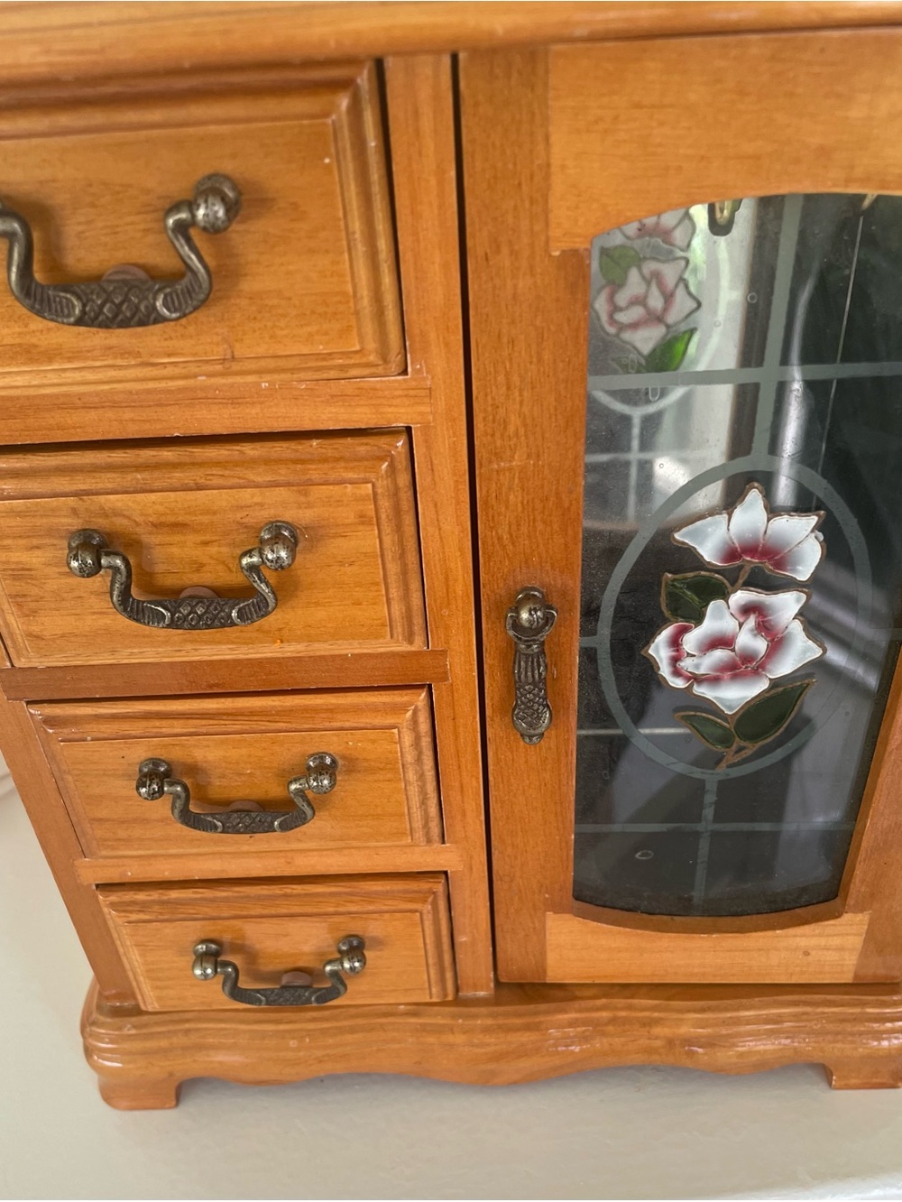 Wood Jewelry Chest with 4 Drawers & Rose Glass Door with Necklace Wheel Vintage